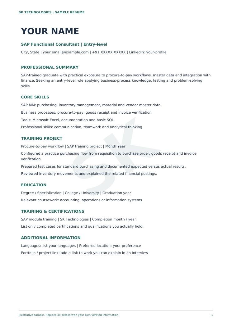 Sample SAP resume with an SK watermark
